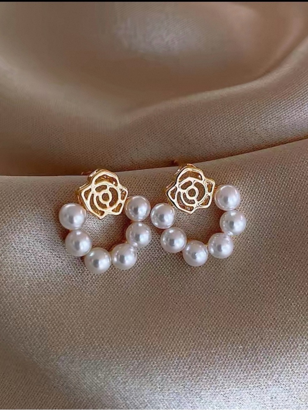 Gold Flower Pearl Hoop Earrings - White Pearls